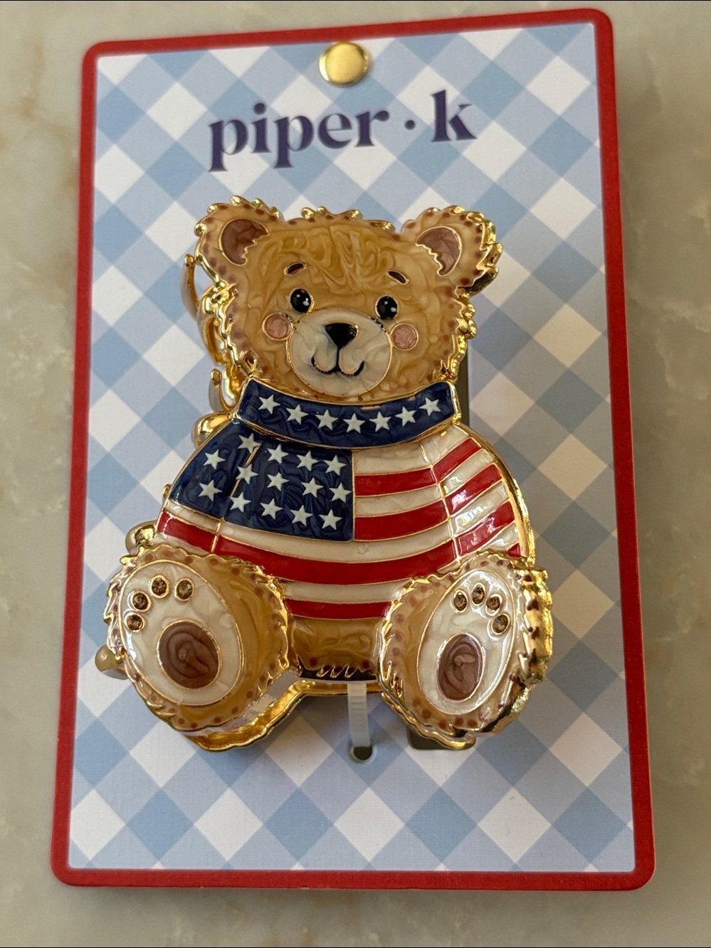 NWT Piper K light Brown Teddy Bear in American Flag sweater Hair Claw Clip